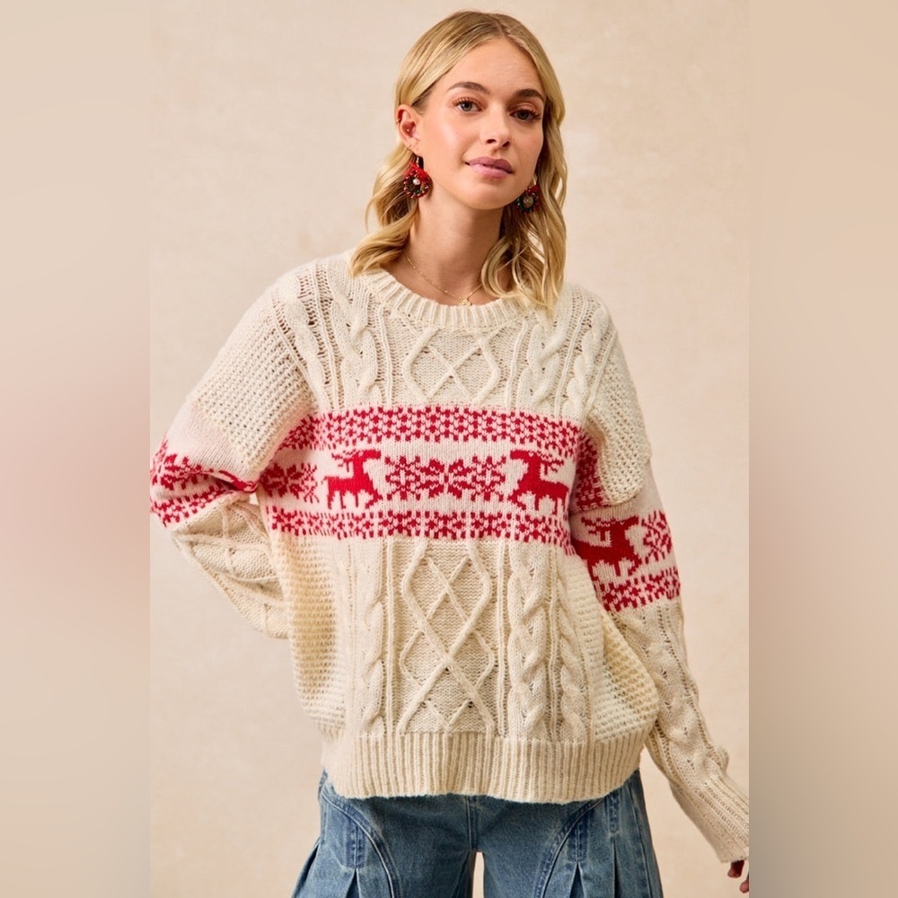 ⚡️ 📦 BiBi “ Nordic Nights “ Cableknit Fair Isle Sweater | Cream - Picture 4 of 10